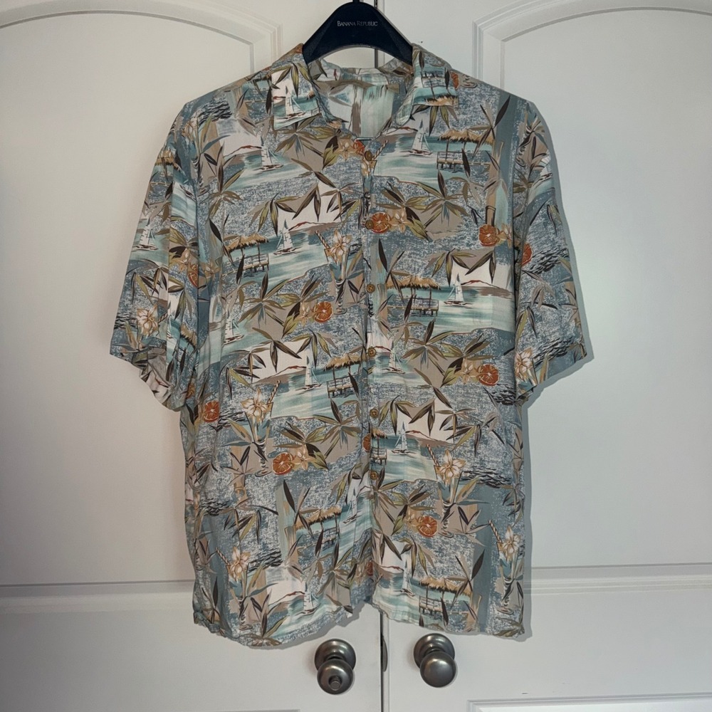 Paradise Collection Mens XL Tropical Palm Sailboat Rayon Camp Shirt Blue Orange